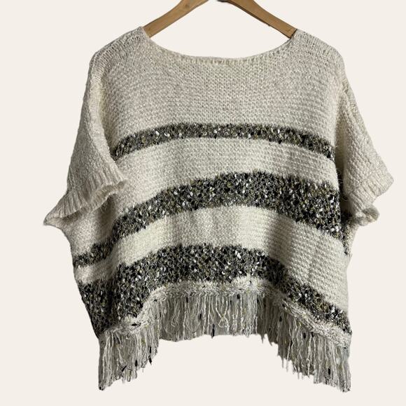 Anthropologie MOTH New Fringe Cream Metallic Oversized Poncho Sweater Size XS - Picture 6 of 8